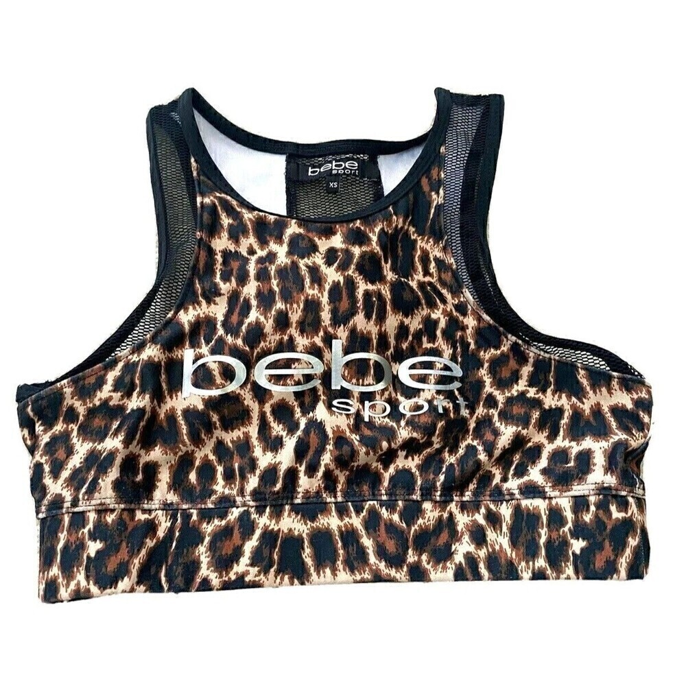 Bebe Sport Sports Bra Sz XS Leopard Print Mesh Athleisure Jungle Biker Mob Wife